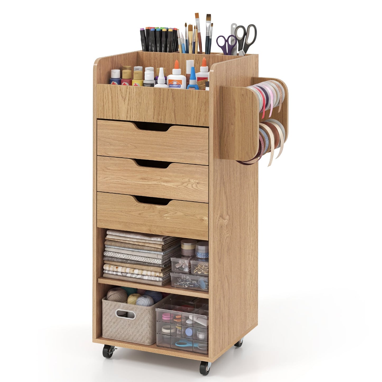 Rolling Storage Cart with 3 Drawers & 2 Shelves and Dowel Rods for Kitchen-Natural