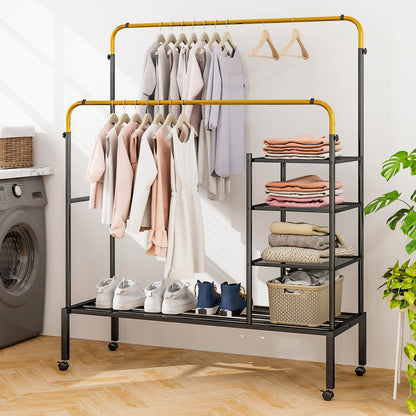Rolling Clothes Drying Rack with 2 Adjustable Hanging Bars-Black &amp; Gold