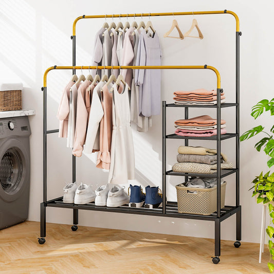 Rolling Clothes Drying Rack with 2 Adjustable Hanging Bars-Black &amp; Gold
