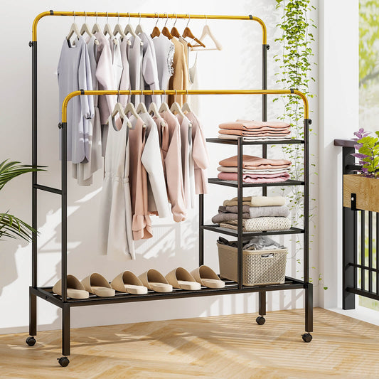 Rolling Clothes Drying Rack with 2 Adjustable Hanging Bars-Black &amp; Gold