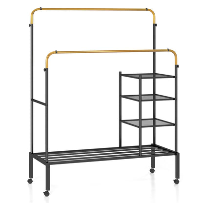 Rolling Clothes Drying Rack with 2 Adjustable Hanging Bars-Black &amp; Gold