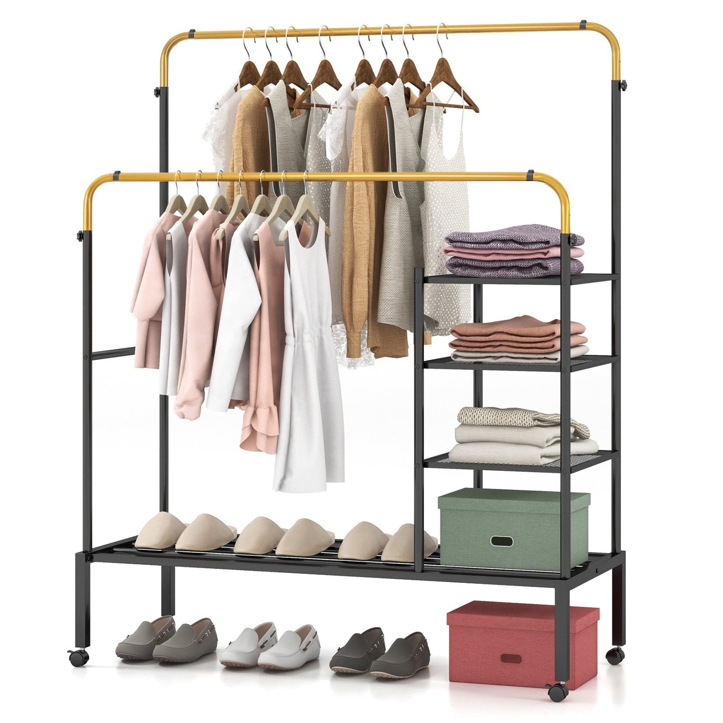 Rolling Clothes Drying Rack with 2 Adjustable Hanging Bars-Black &amp; Gold