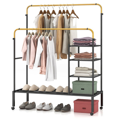Rolling Clothes Drying Rack with 2 Adjustable Hanging Bars-Black &amp; Gold