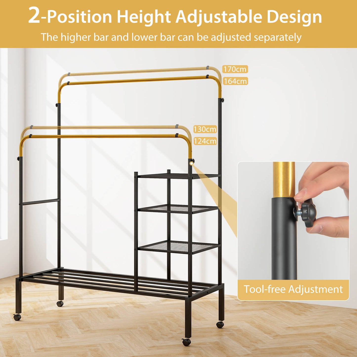 Rolling Clothes Drying Rack with 2 Adjustable Hanging Bars-Black & Gold