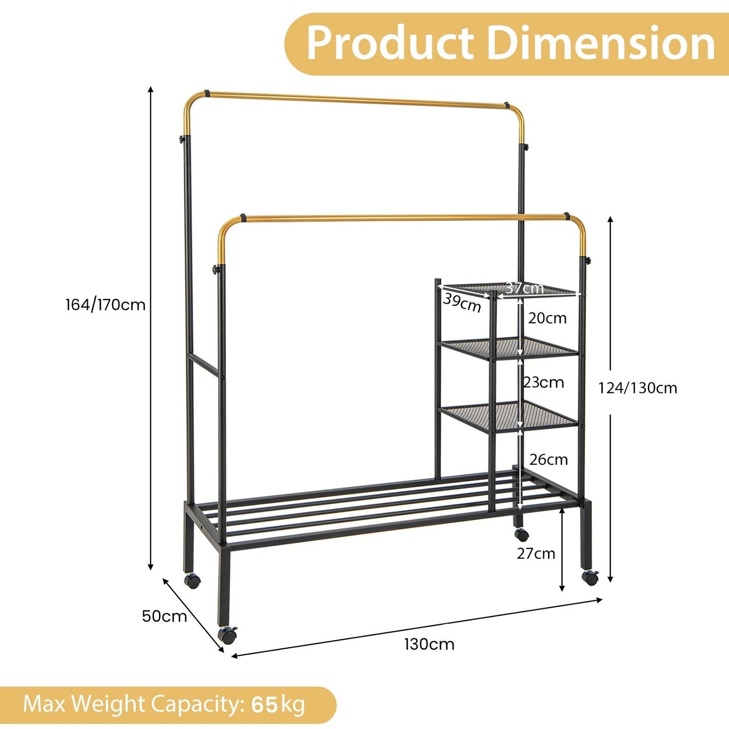 Rolling Clothes Drying Rack with 2 Adjustable Hanging Bars-Black &amp; Gold