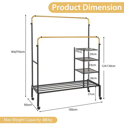 Rolling Clothes Drying Rack with 2 Adjustable Hanging Bars-Black &amp; Gold
