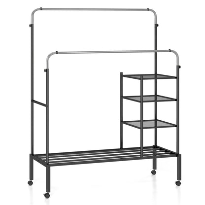 Rolling Clothes Drying Rack with 2 Adjustable Hanging Bars-Black &amp; Silver