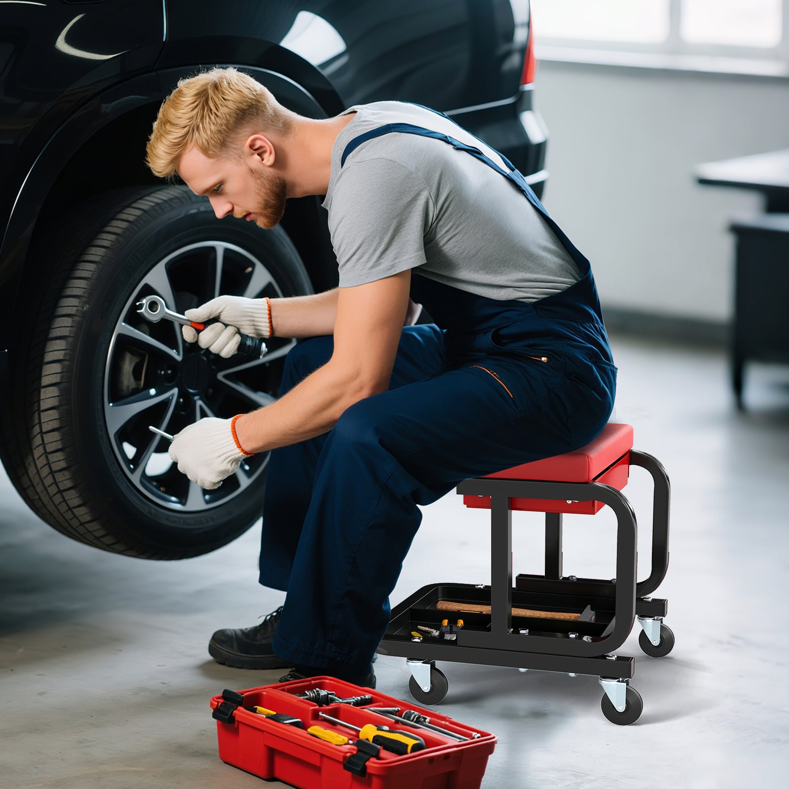 Rolling Creeper Seat with 185 kg Capacity and Universal Casters-Red