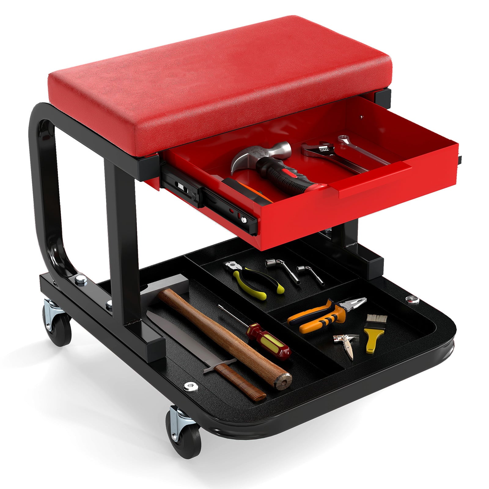 Rolling Creeper Seat with 185 kg Capacity and Universal Casters-Red
