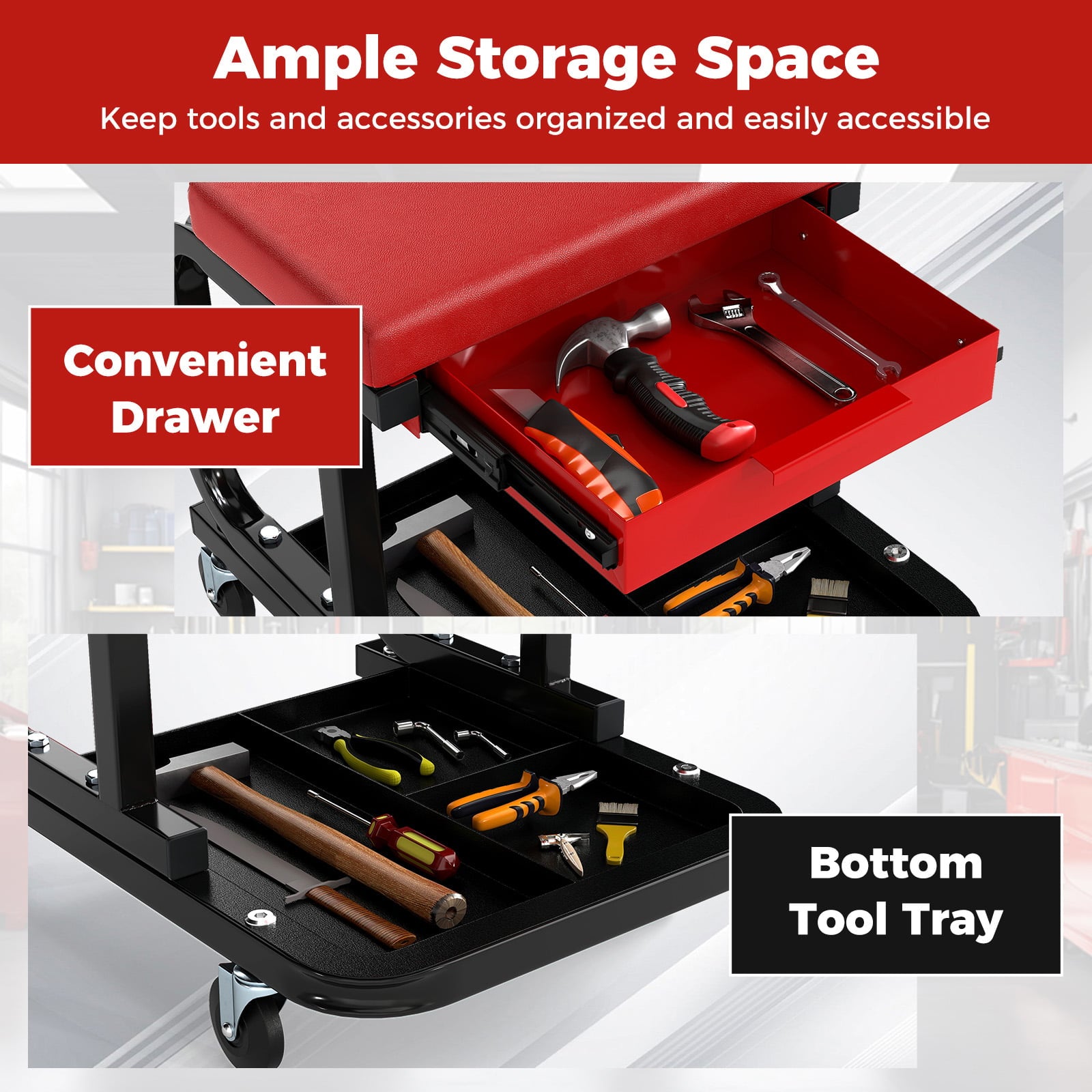 Rolling Creeper Seat with 185 kg Capacity and Universal Casters-Red