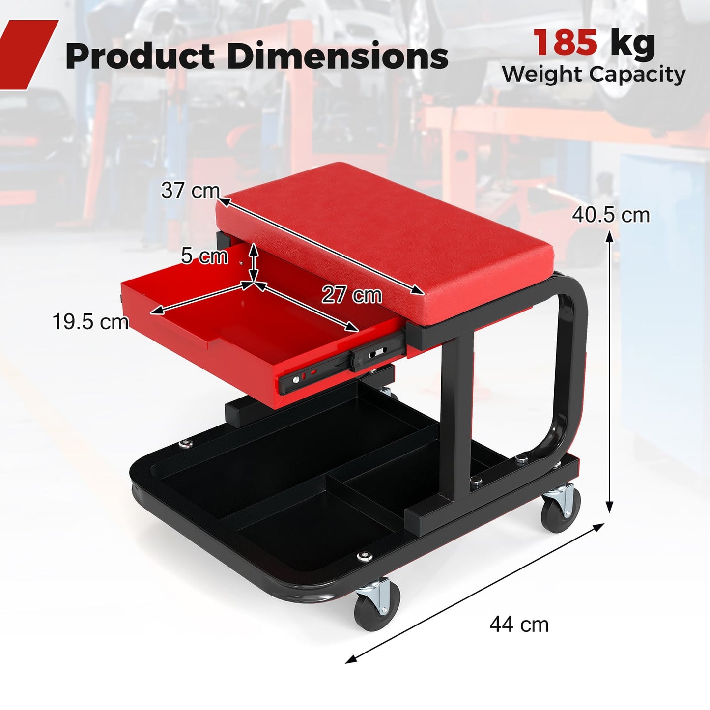 Rolling Creeper Seat with 185 kg Capacity and Universal Casters-Red