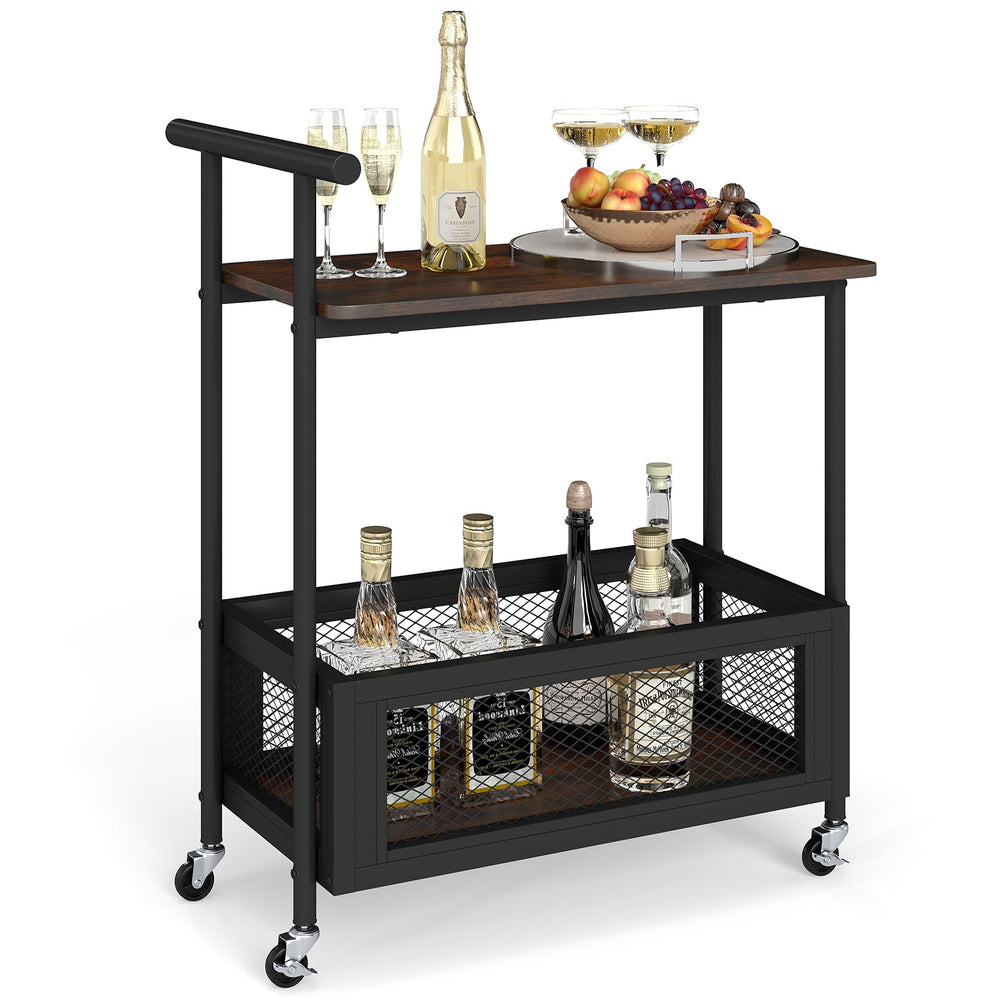 Rolling End Table with Handle 2-Tier Sofa Side Table with Open Shelf-Rustic Brown