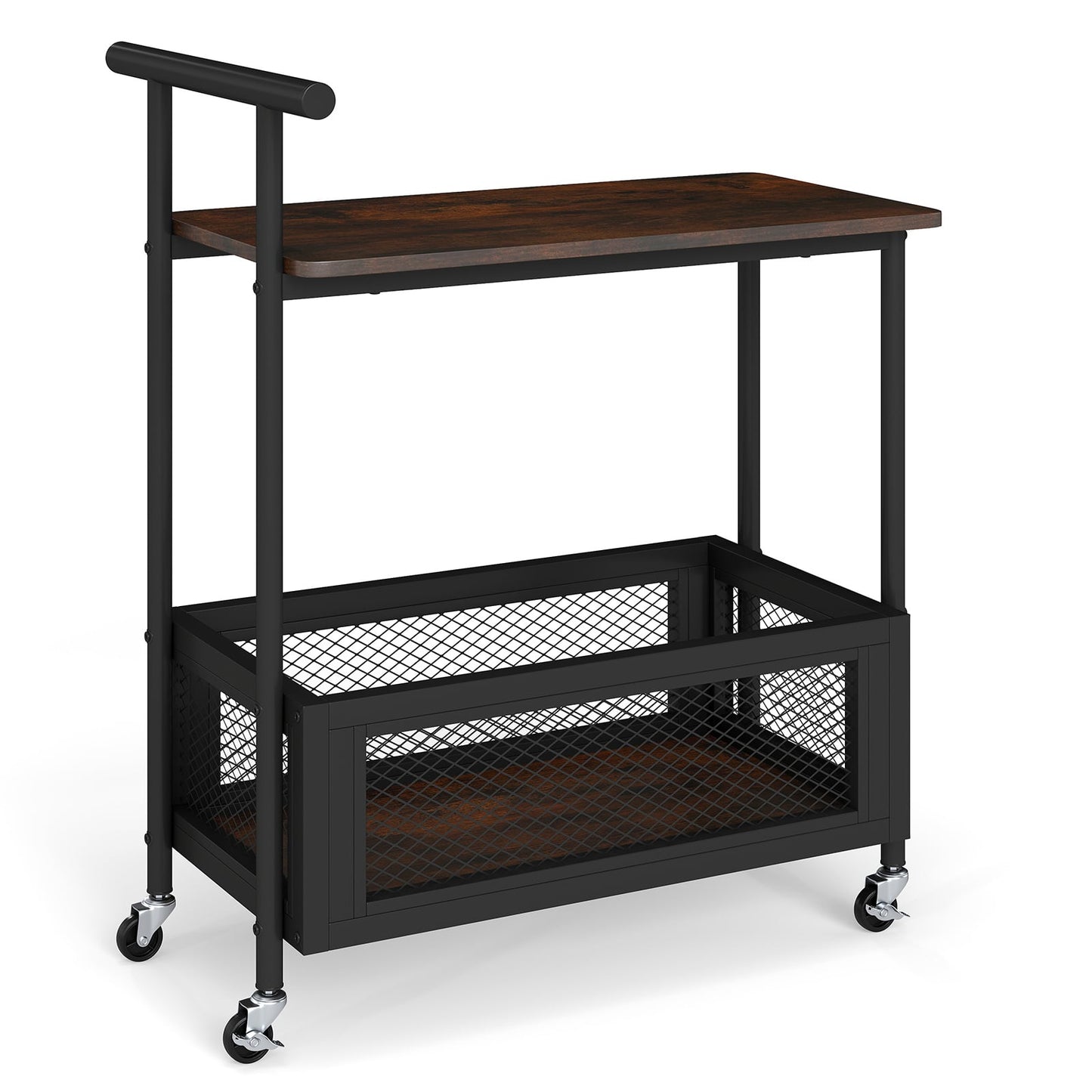 Rolling End Table with Handle 2-Tier Sofa Side Table with Open Shelf-Rustic Brown