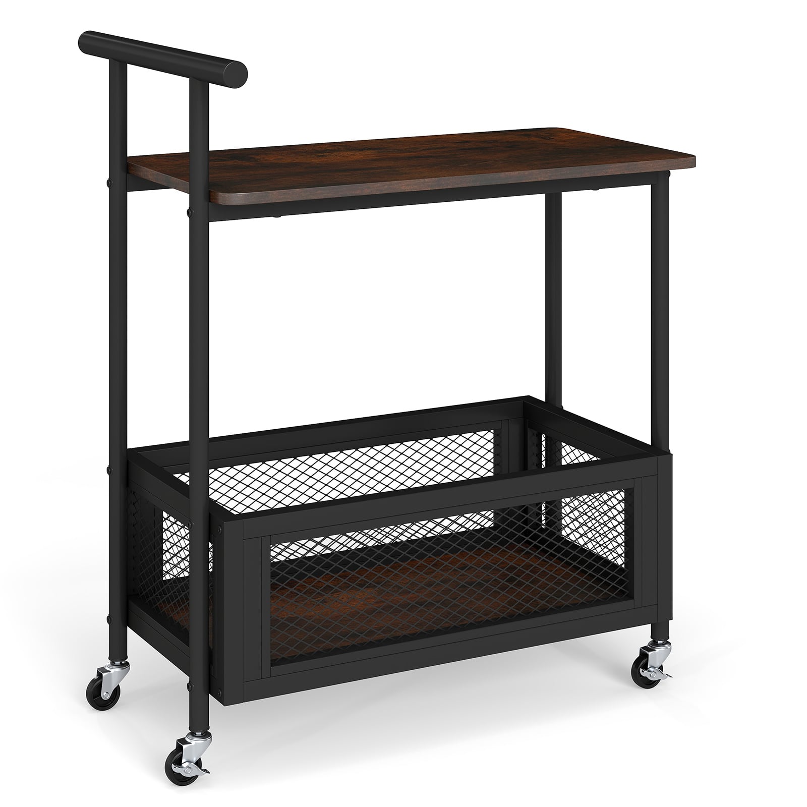 Rolling End Table with Handle 2-Tier Sofa Side Table with Open Shelf-Rustic Brown