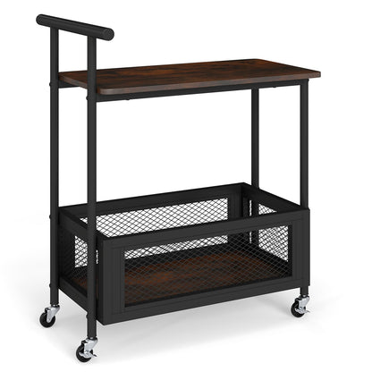 Rolling End Table with Handle 2-Tier Sofa Side Table with Open Shelf-Rustic Brown