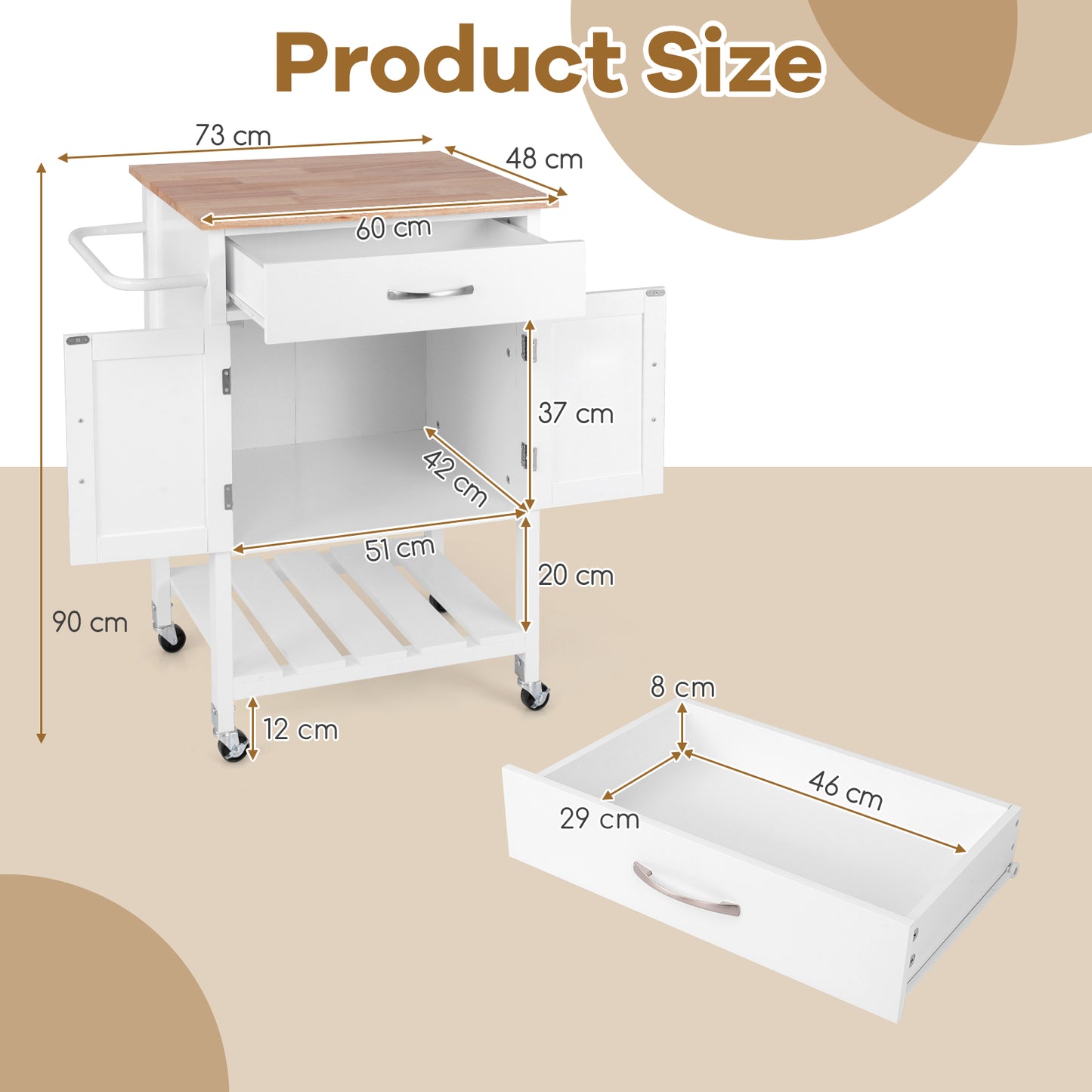 Rolling Kitchen Island Cart with Drawer and 2-Door Storage Cabinet-White