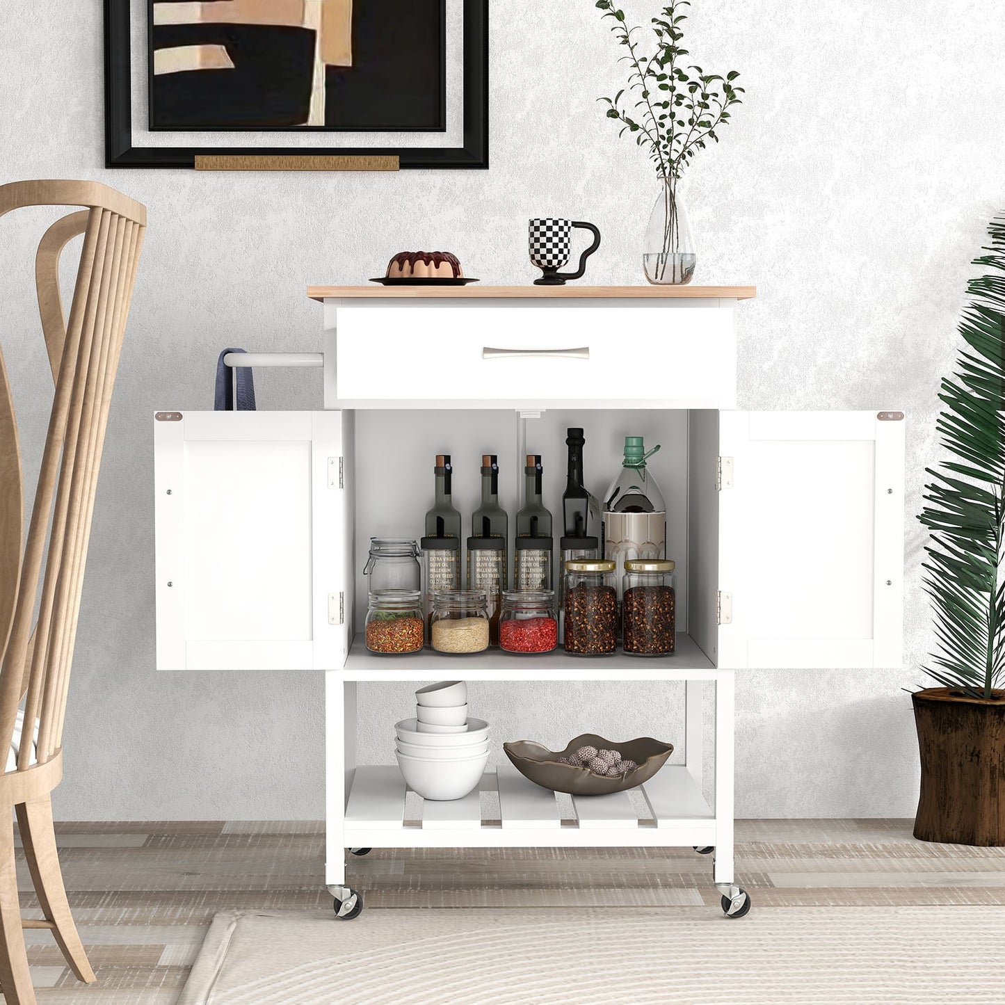 Rolling Kitchen Island Cart with Drawer and 2-Door Storage Cabinet-White