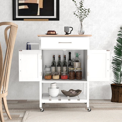 Rolling Kitchen Island Cart with Drawer and 2-Door Storage Cabinet-White