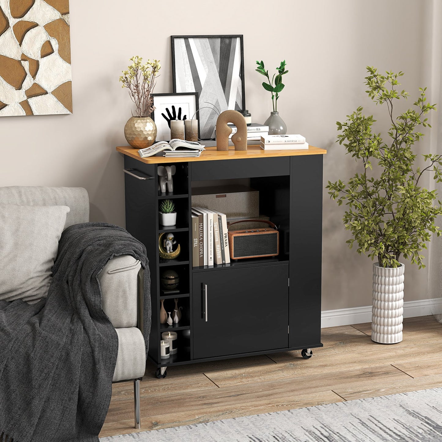 Rolling Kitchen Island with Storage and Towel Rack-Black