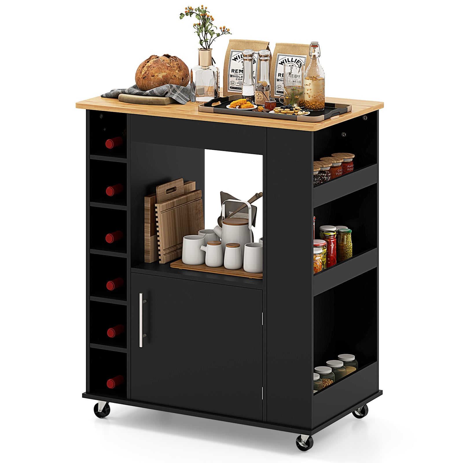 Rolling Kitchen Island with Storage and Towel Rack-Black