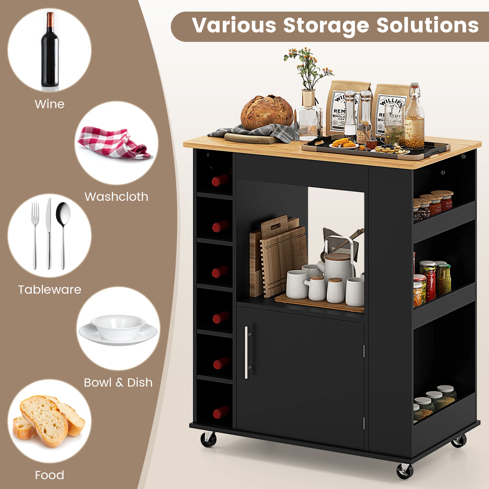 Rolling Kitchen Island with Storage and Towel Rack-Black