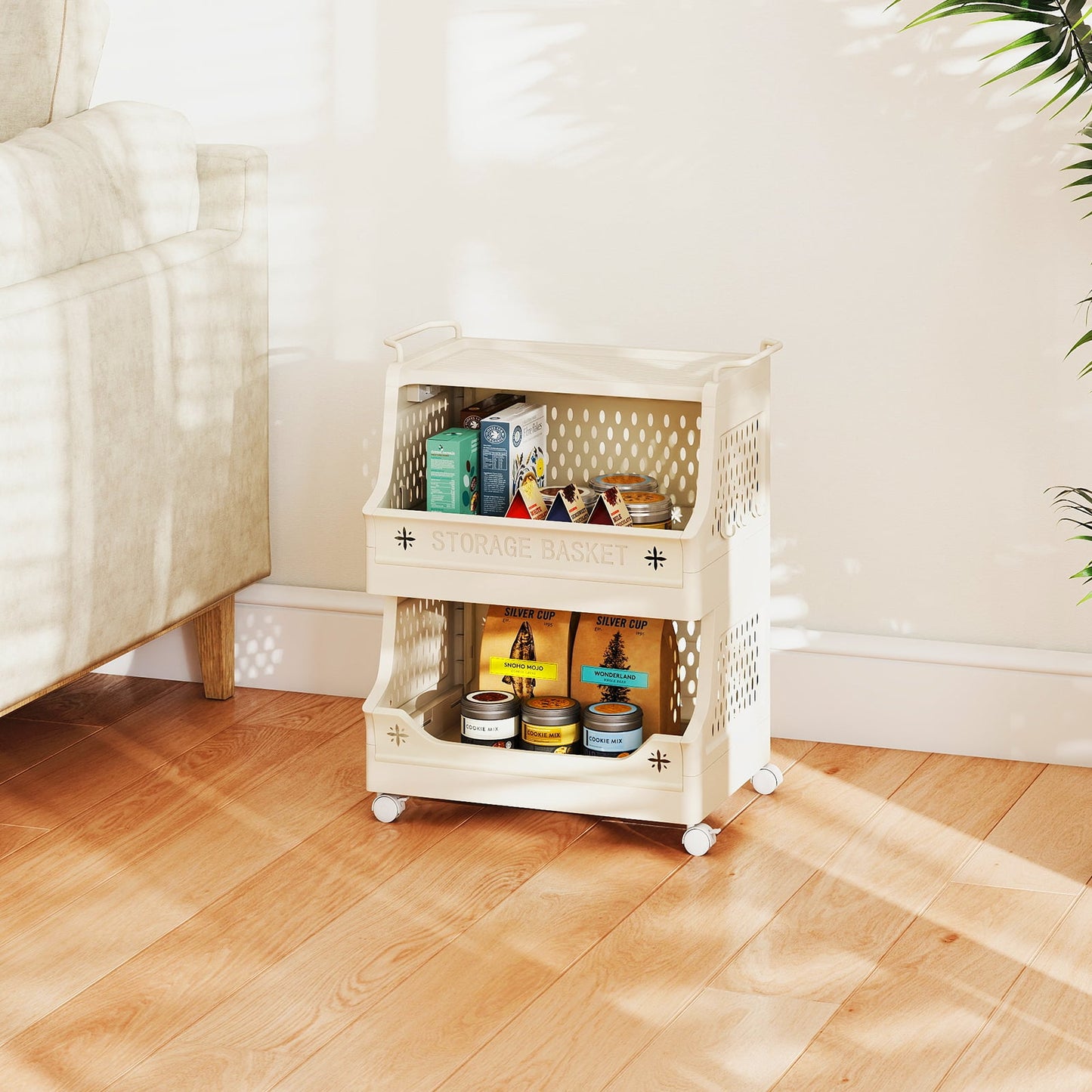 3/4/5/6 Tier Rolling Laundry Basket with Wheels and Handles for Laundry Room-Beige-3-Tier