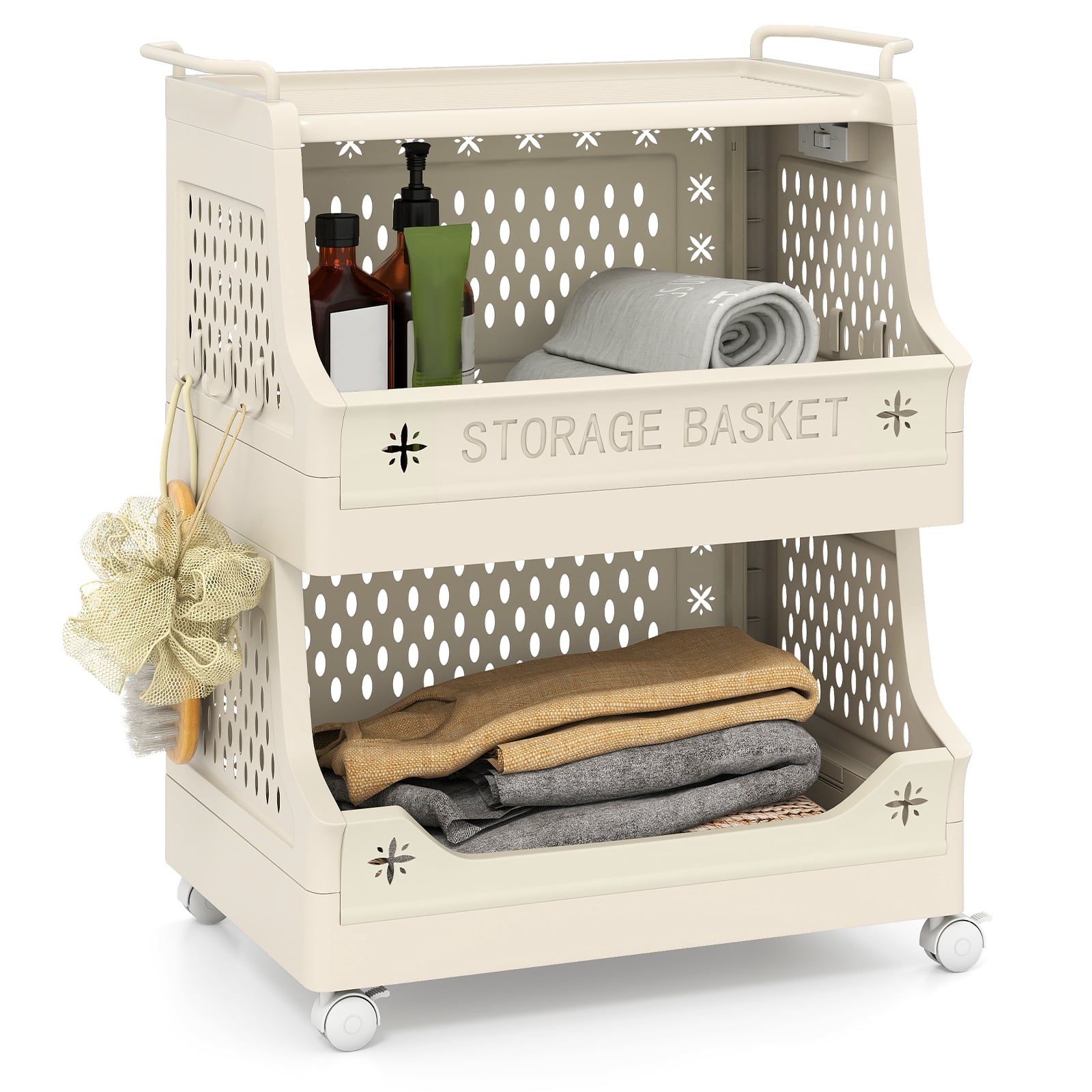 3/4/5/6 Tier Rolling Laundry Basket with Wheels and Handles for Laundry Room-Beige-3-Tier
