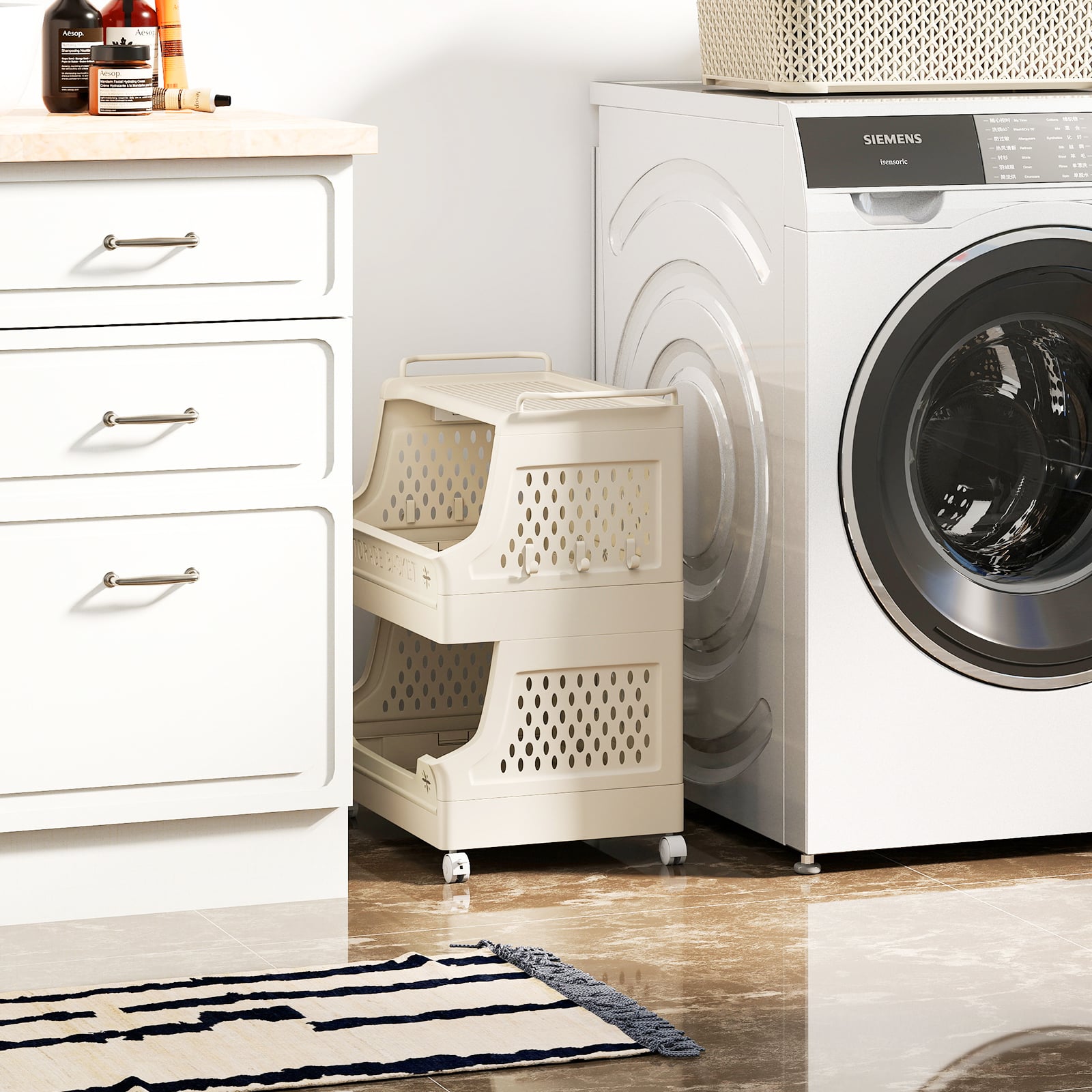 3/4/5/6 Tier Rolling Laundry Basket with Wheels and Handles for Laundry Room-Beige-3-Tier