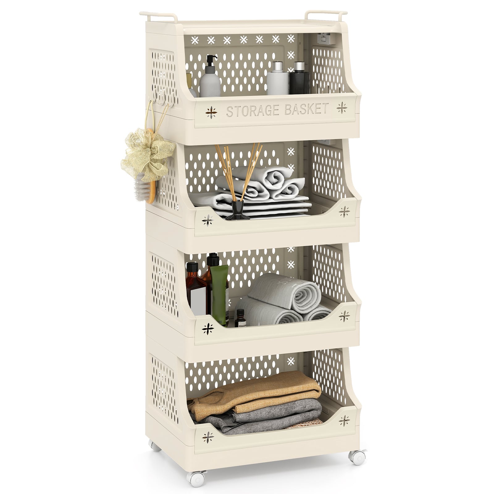 3/4/5/6 Tier Rolling Laundry Basket with Wheels and Handles for Laundry Room-Beige-5-Tier