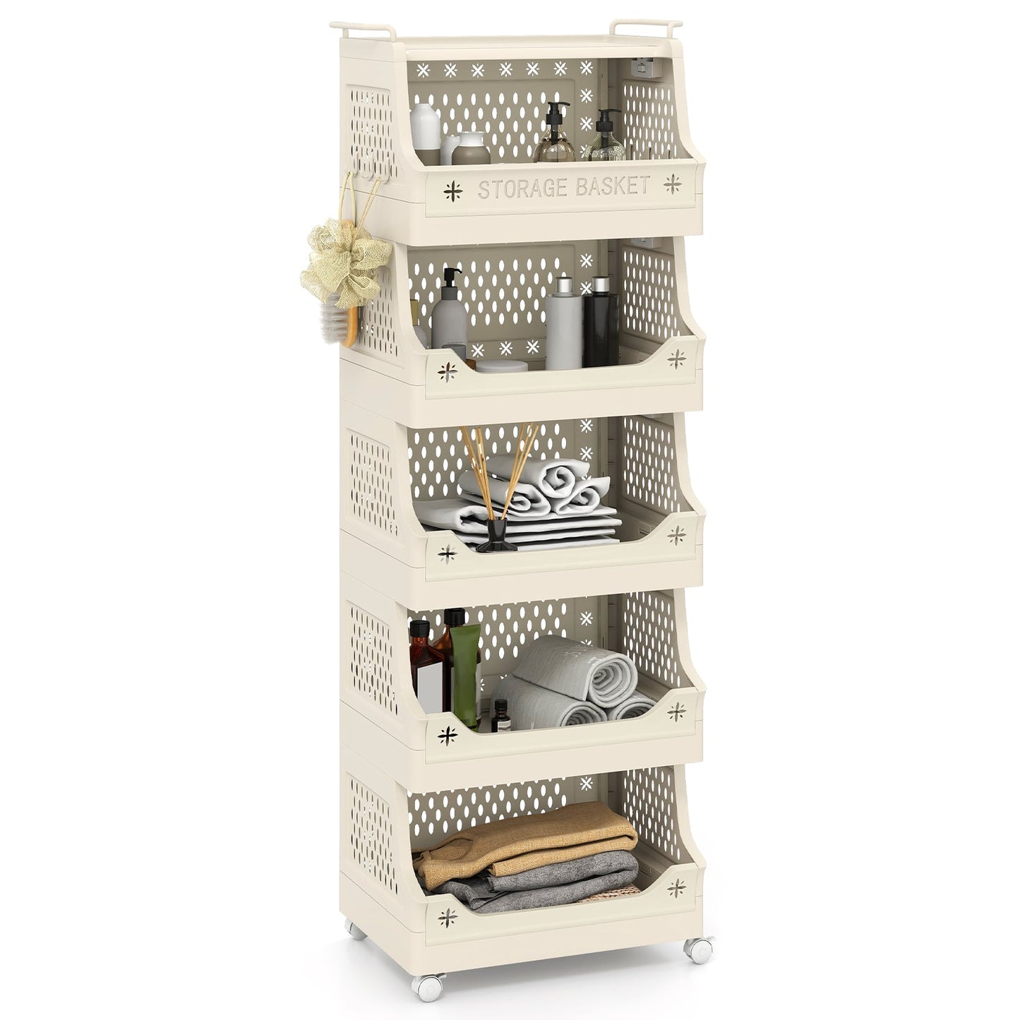 3/4/5/6 Tier Rolling Laundry Basket with Wheels and Handles for Laundry Room-Beige-6-Tier