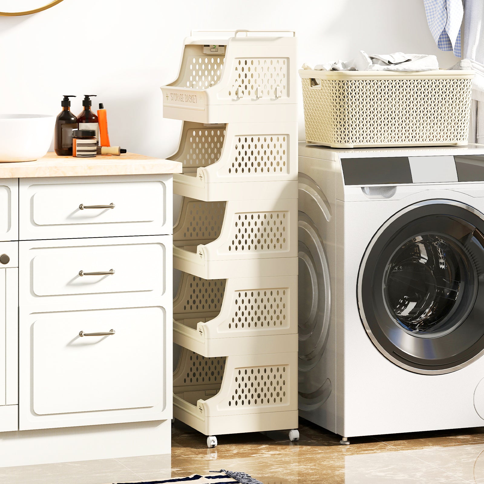 3/4/5/6 Tier Rolling Laundry Basket with Wheels and Handles for Laundry Room-Beige-6-Tier