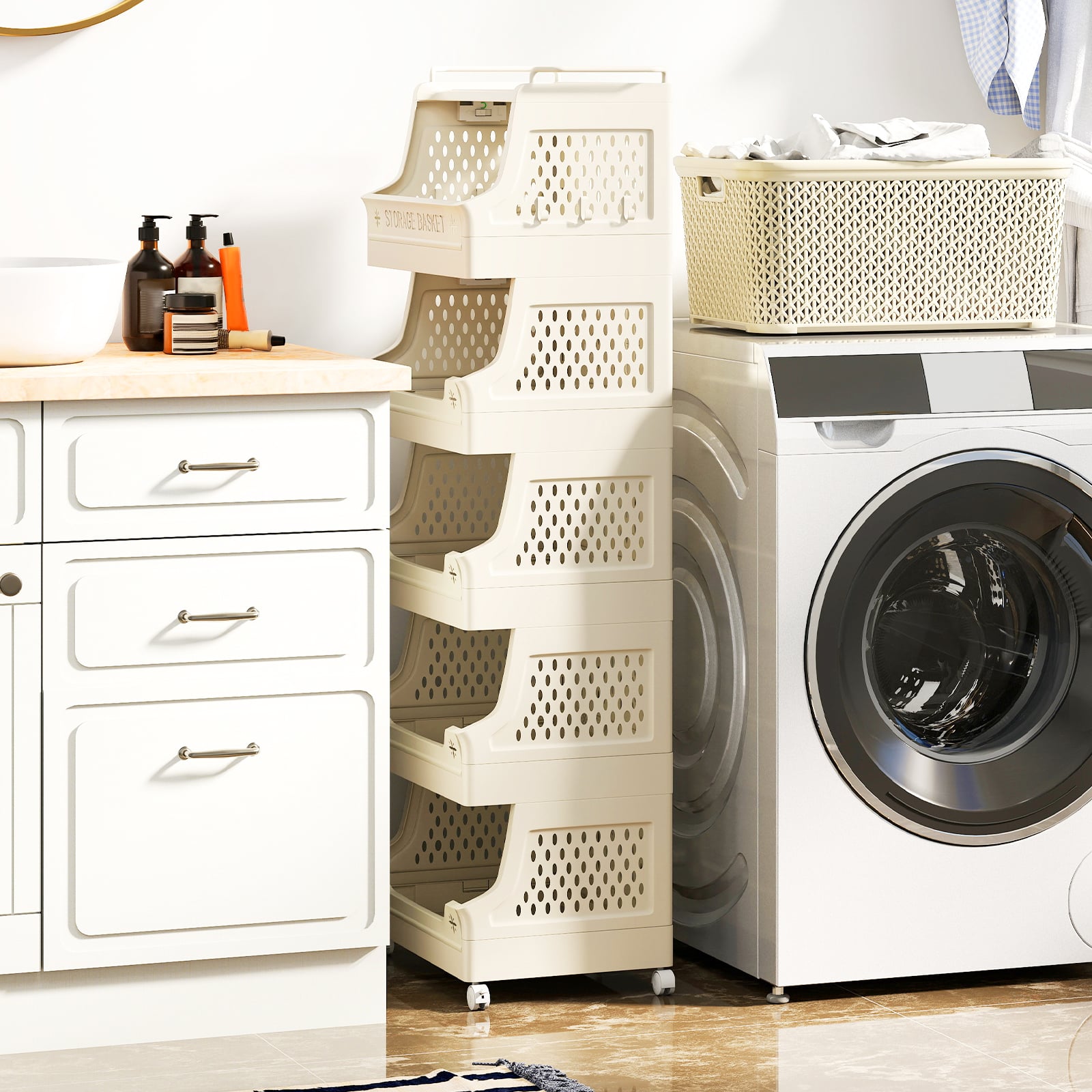 3/4/5/6 Tier Rolling Laundry Basket with Wheels and Handles for Laundry Room-Beige-6-Tier