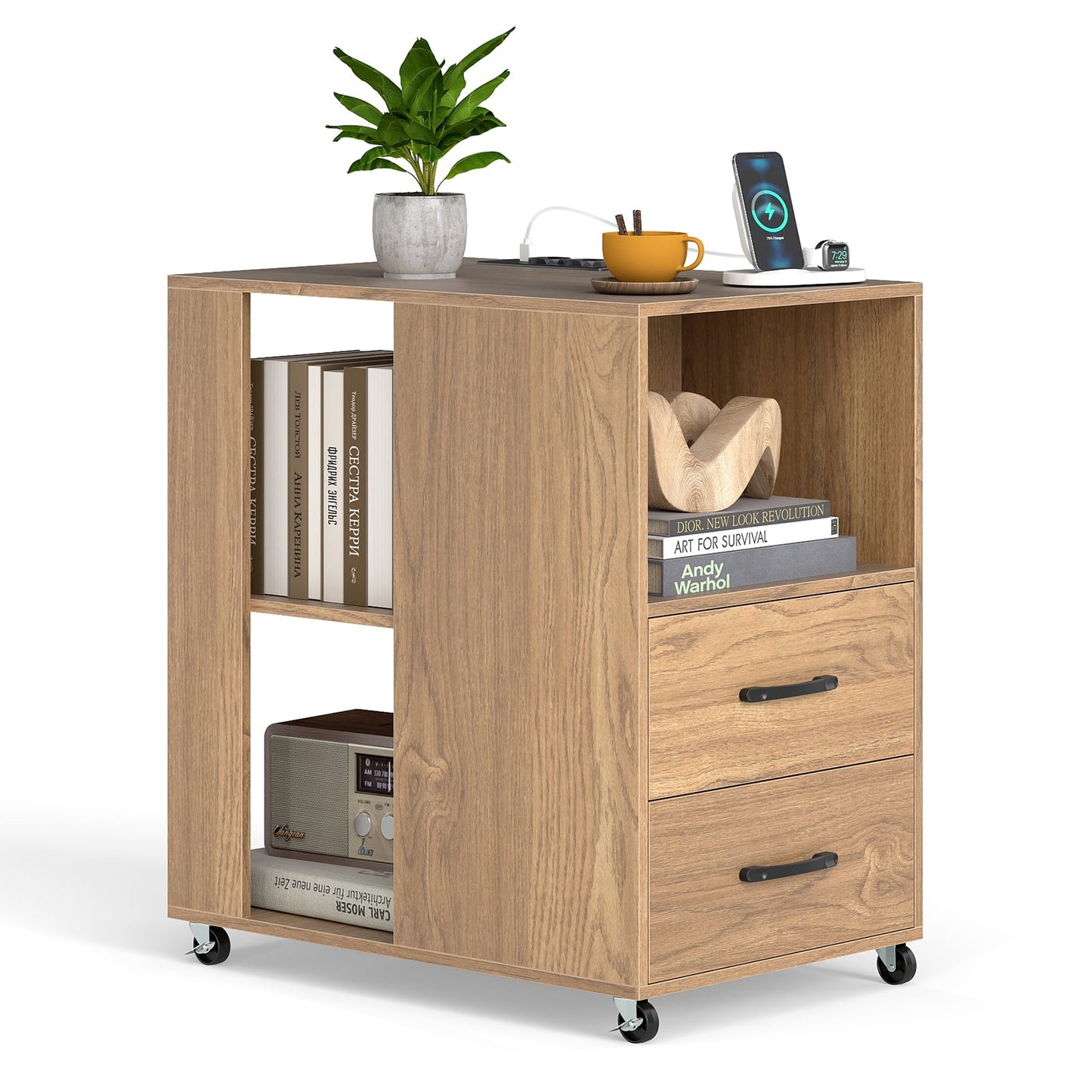 Rolling Nightstand with Storage Drawers and Shelves for Bedroom-Natural