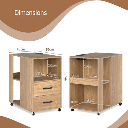 Rolling Nightstand with Storage Drawers and Shelves for Bedroom-Natural