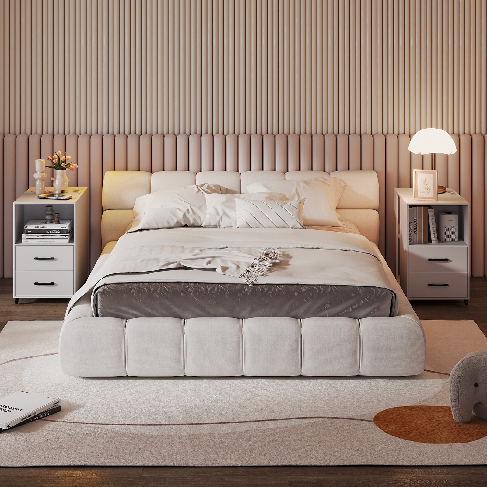 Rolling Nightstand with Storage Drawers and Shelves for Bedroom-White