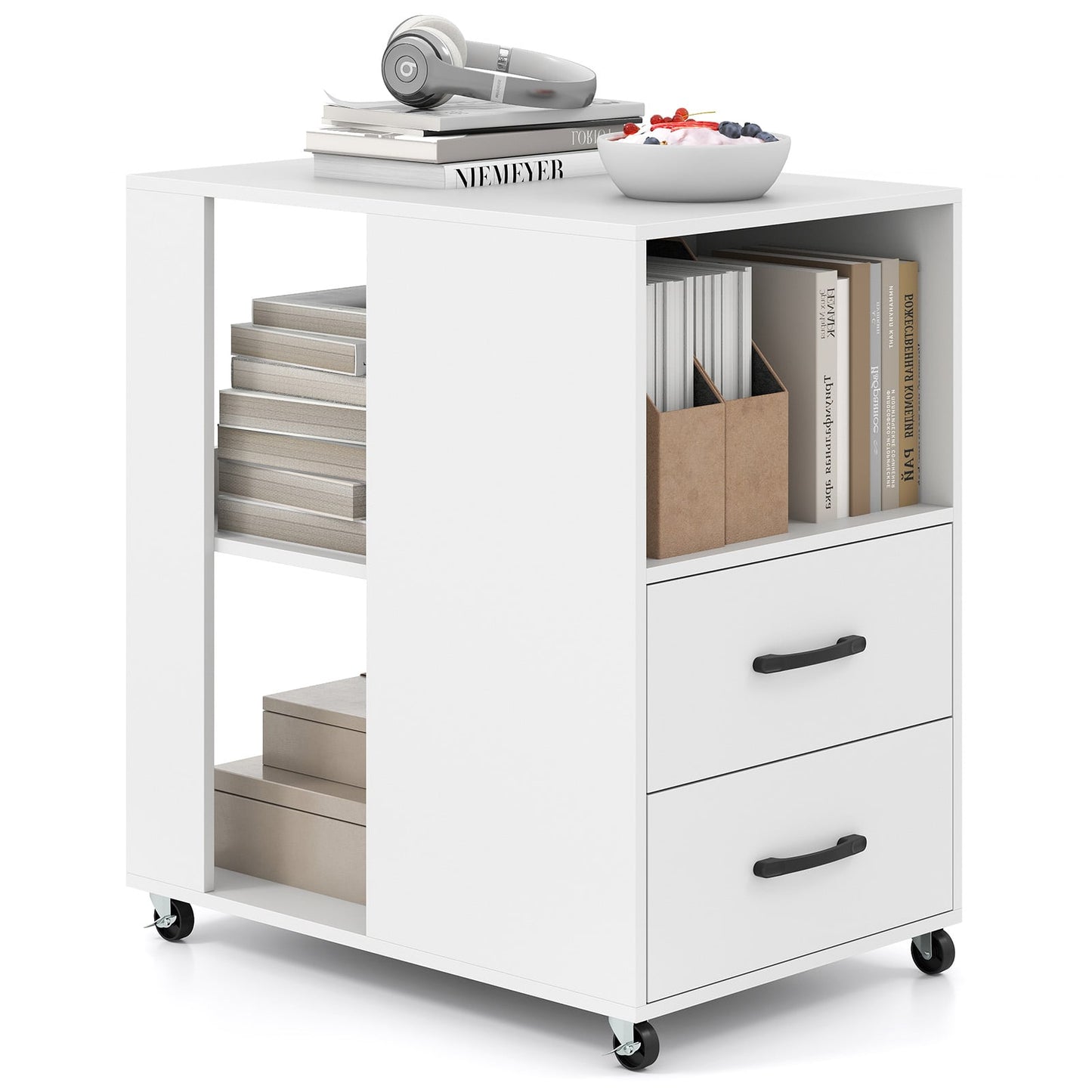 Rolling Nightstand with Storage Drawers and Shelves for Bedroom-White