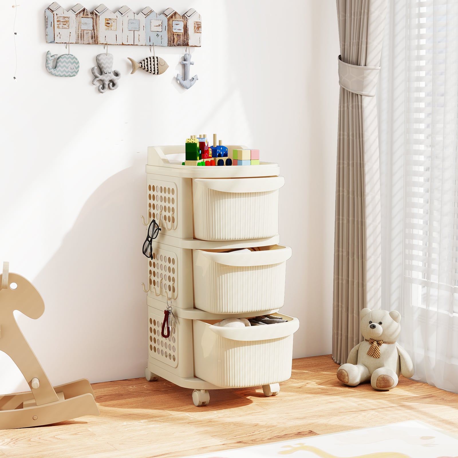 3-Drawer Rolling Plastic Utility Cart with 6 Hooks and Pegboard-White