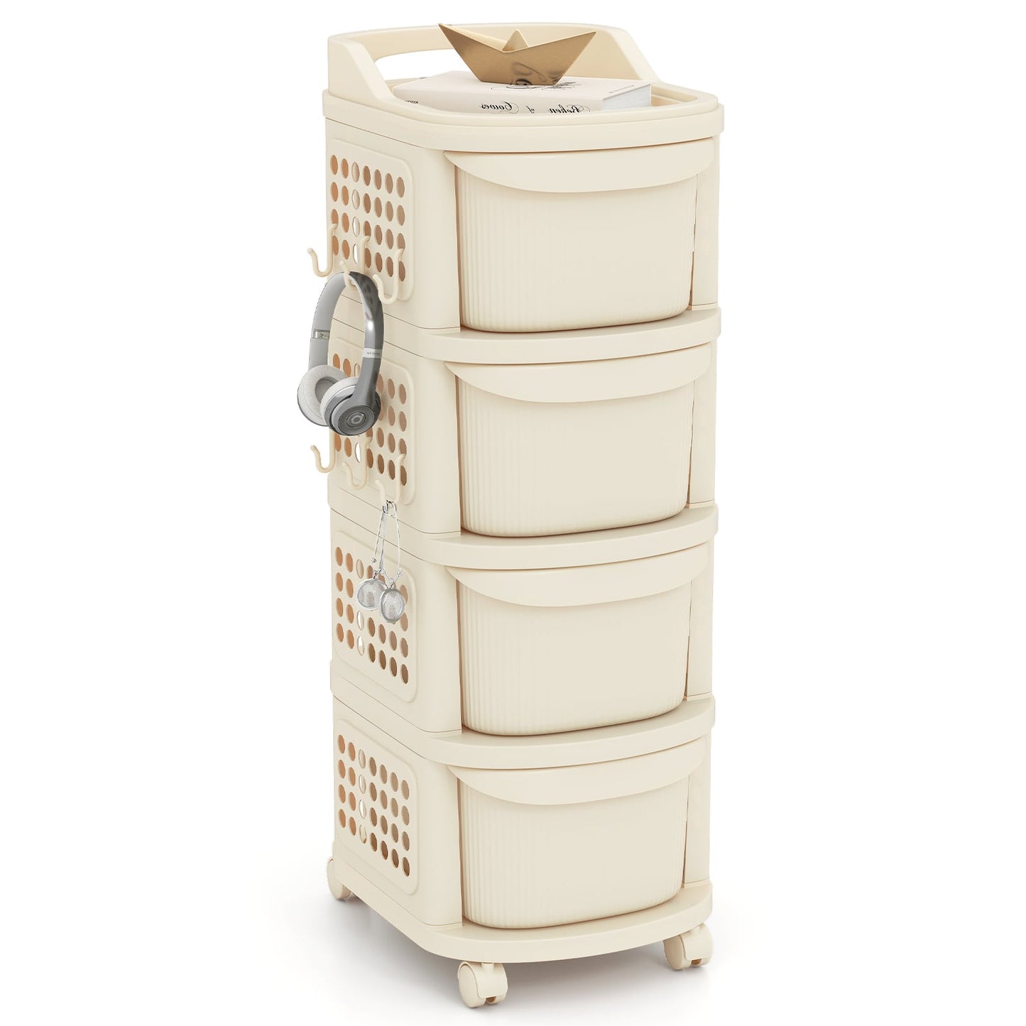 4-Drawer Rolling Plastic Utility Cart with 6 Hooks and Pegboard-White