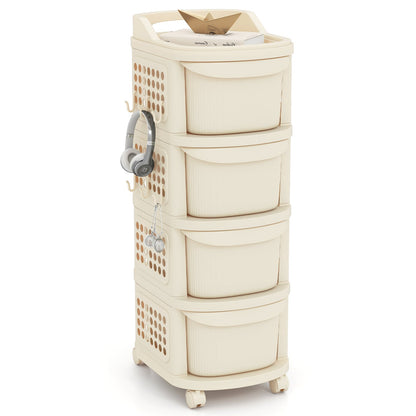 4-Drawer Rolling Plastic Utility Cart with 6 Hooks and Pegboard-White