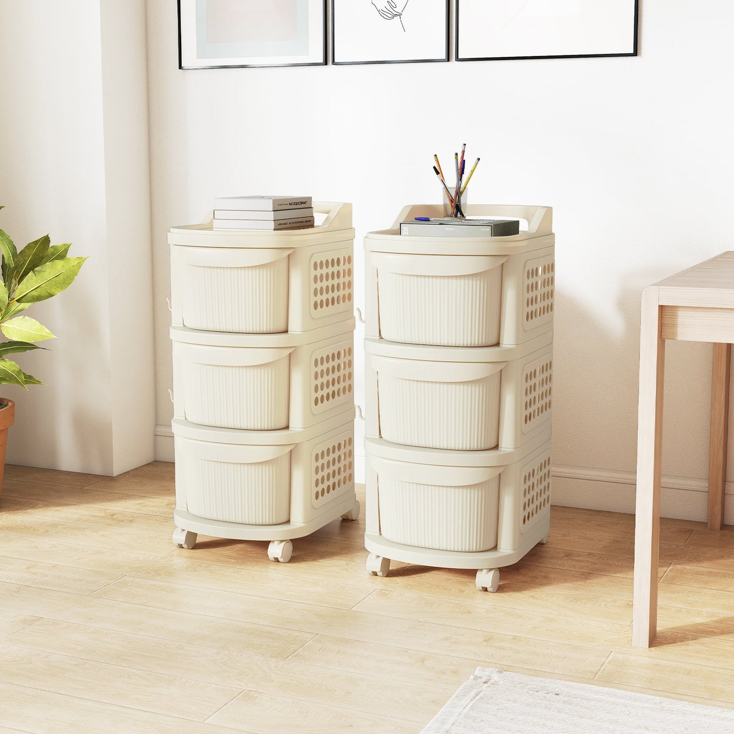 3-Drawer Rolling Plastic Utility Cart with 6 Hooks and Pegboard-White