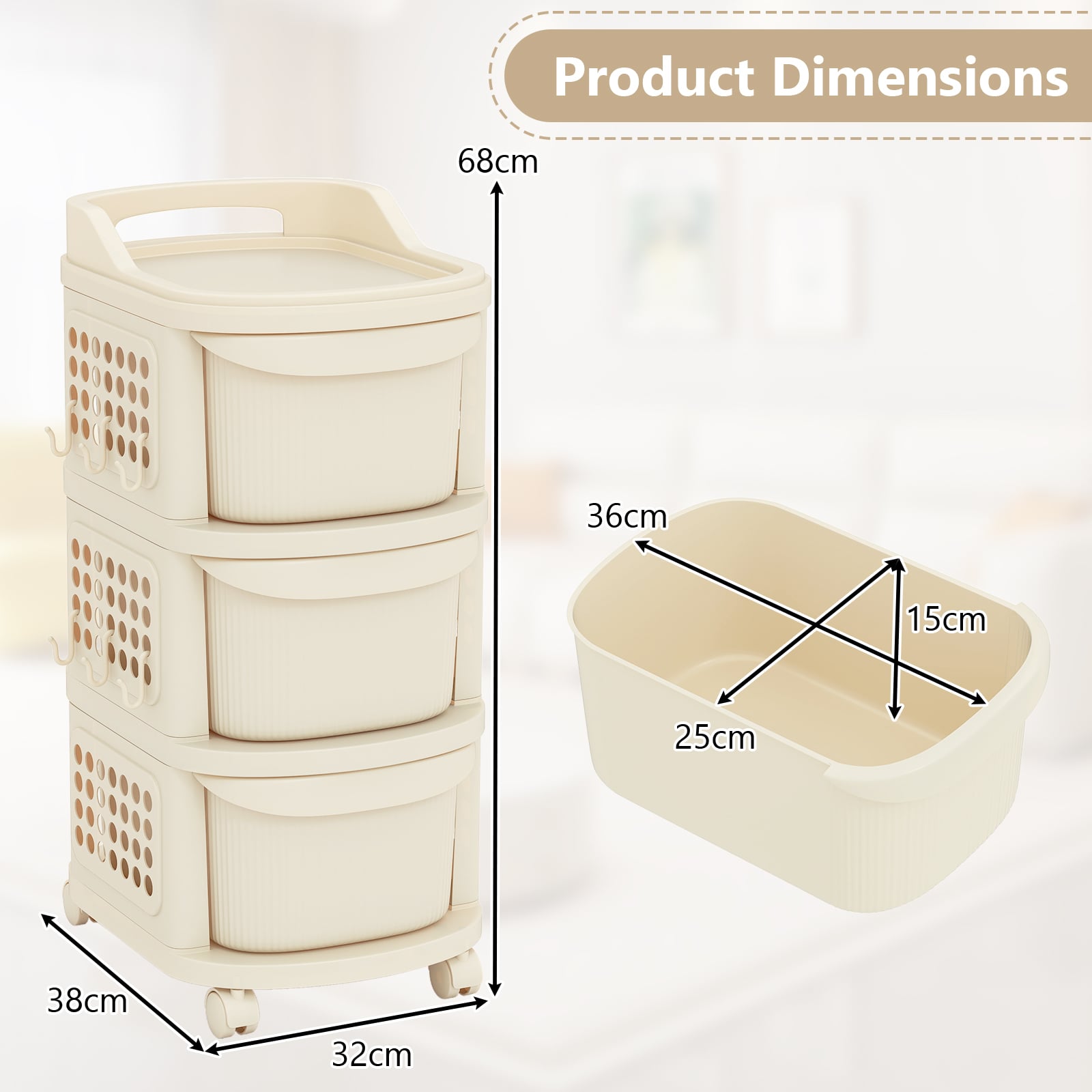 3-Drawer Rolling Plastic Utility Cart with 6 Hooks and Pegboard-White