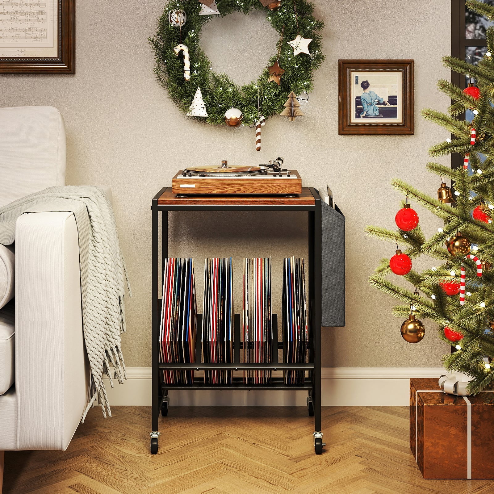 Rolling Record Player Stand with Vinyl Storage and Magazine Holder-Rustic Brown