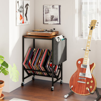 Rolling Record Player Stand with Vinyl Storage and Magazine Holder-Rustic Brown