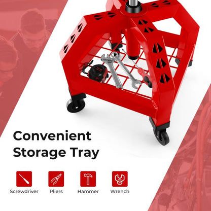 Rolling Seat Mechanic Stool Chair Height Adjustable with Tool Tray-Red