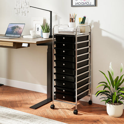 10-Drawer Rolling Storage Cart with Lockable Wheels and Removable Drawers-Black
