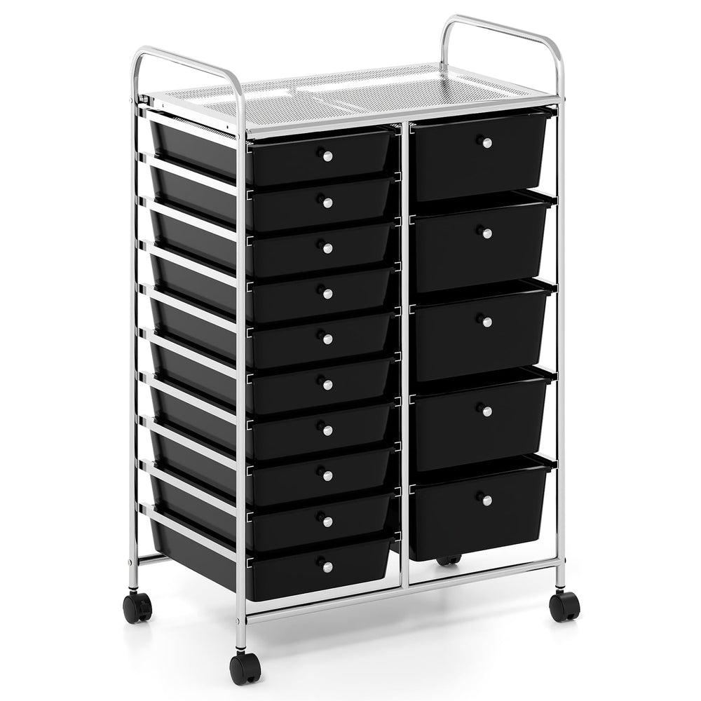 15-Drawer Rolling Storage Cart with Lockable Wheels and Removable Drawers-Black