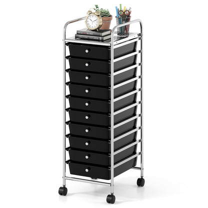 10-Drawer Rolling Storage Cart with Lockable Wheels and Removable Drawers-Black