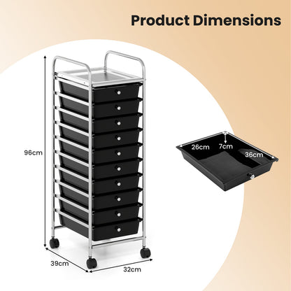 10-Drawer Rolling Storage Cart with Lockable Wheels and Removable Drawers-Black