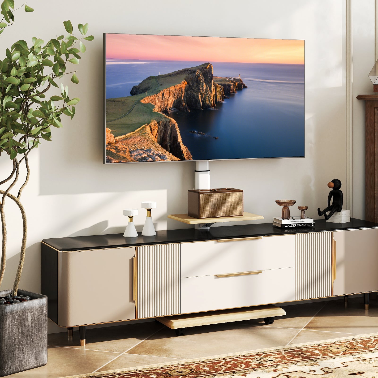 Rolling TV Stand on Wheels with 30° Tilt Mount and Adjustable Shelf-Natural