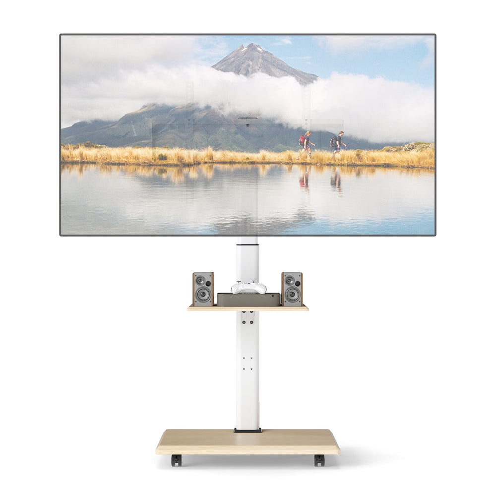 Rolling TV Stand on Wheels with 30° Tilt Mount and Adjustable Shelf-Natural